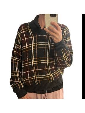 Babe Didrikson Plaid Shawl Neck 1/4 Sweater pullover Black Brown Cotton Vtg  L